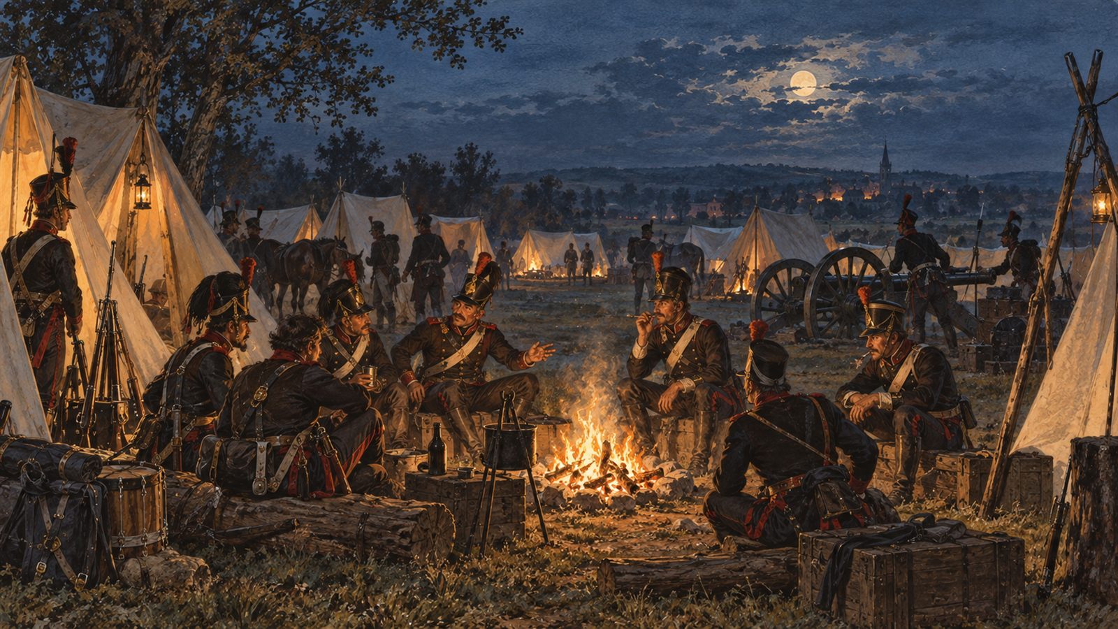 Feldlager bei Nacht mit Zelten und Lagerfeuer