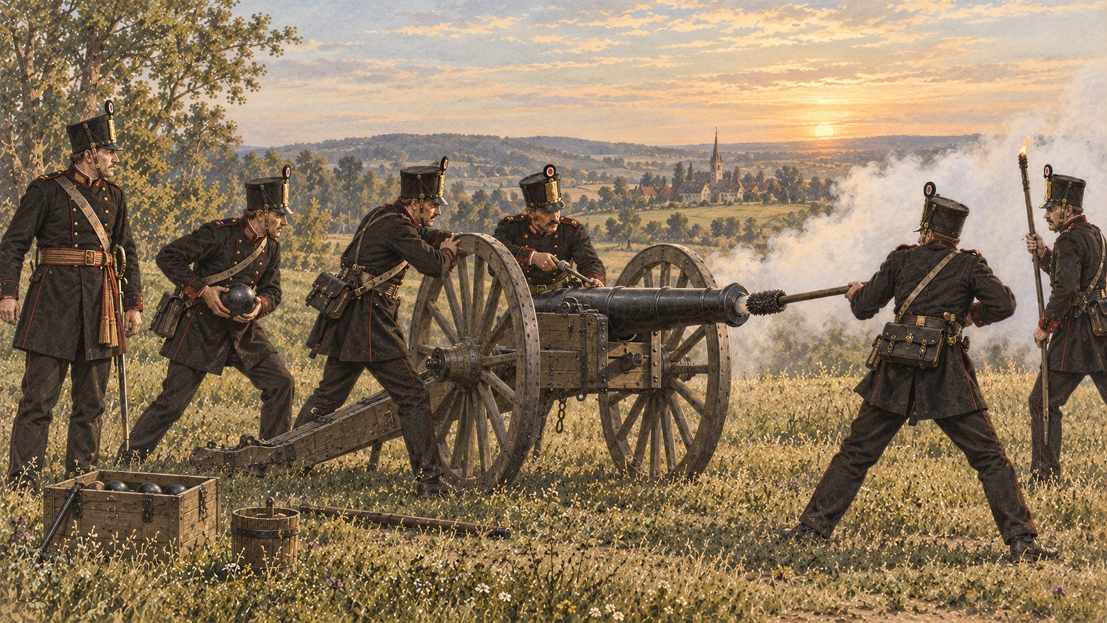 Bedienmannschaft in schwarzen Uniformen an einer Feldkanone