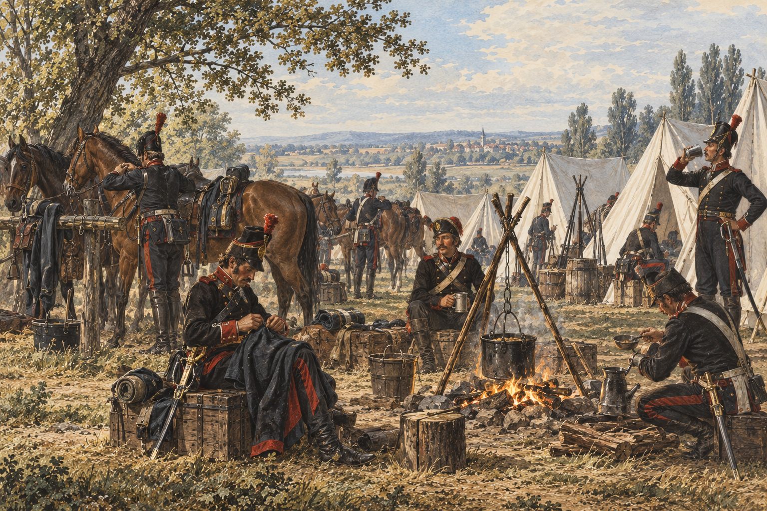 Alltag im Feldlager: Kessel über dem Feuer, Zelte, angebundene Pferde