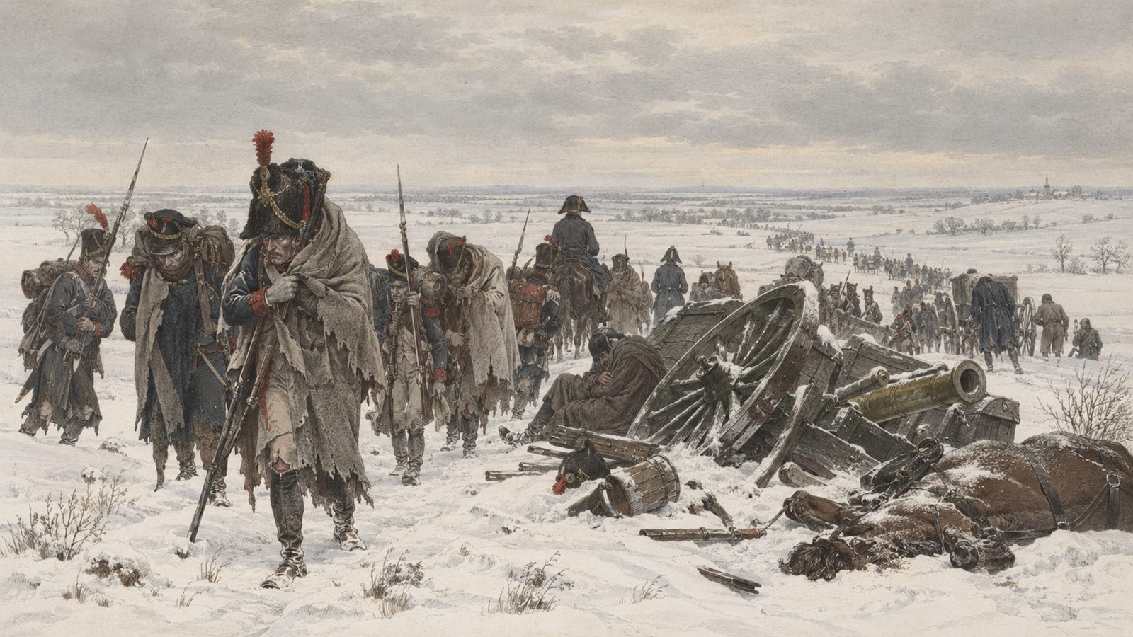 Reste der französischen Armee ziehen im Winter durch verschneite Weite zurück