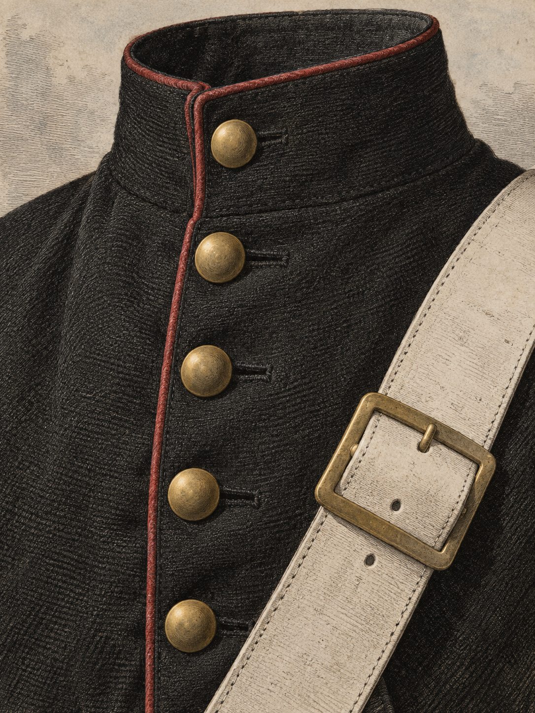 Nahaufnahme eines schwarzen Uniformrocks mit rotem Vorstoß und Messingknöpfen